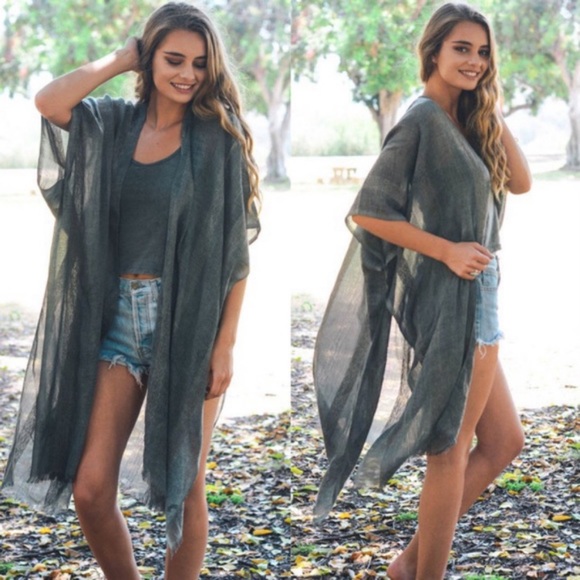 Charcoal gray embroidered raw hem bohemian kimono One Size OS - Picture 3 of 4